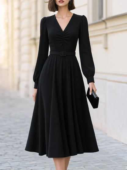 Classic V-Neck Ruched Belted Midi Dress