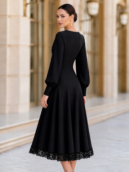Draped Cowl Neck Lace Hem A-Line Midi Dress