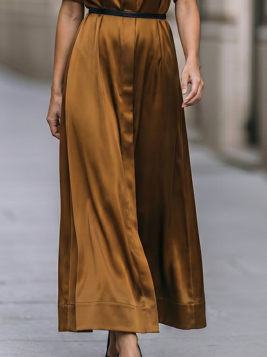 Minimalist Satin Shirt Maxi Dress With Belted Waist