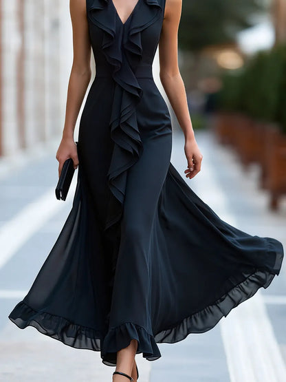 Elegant Front Ruffle Trim Chiffon Maxi Dress