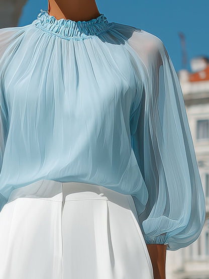 Sheer Pleated High-Neck Blouson Sleeve Blouse