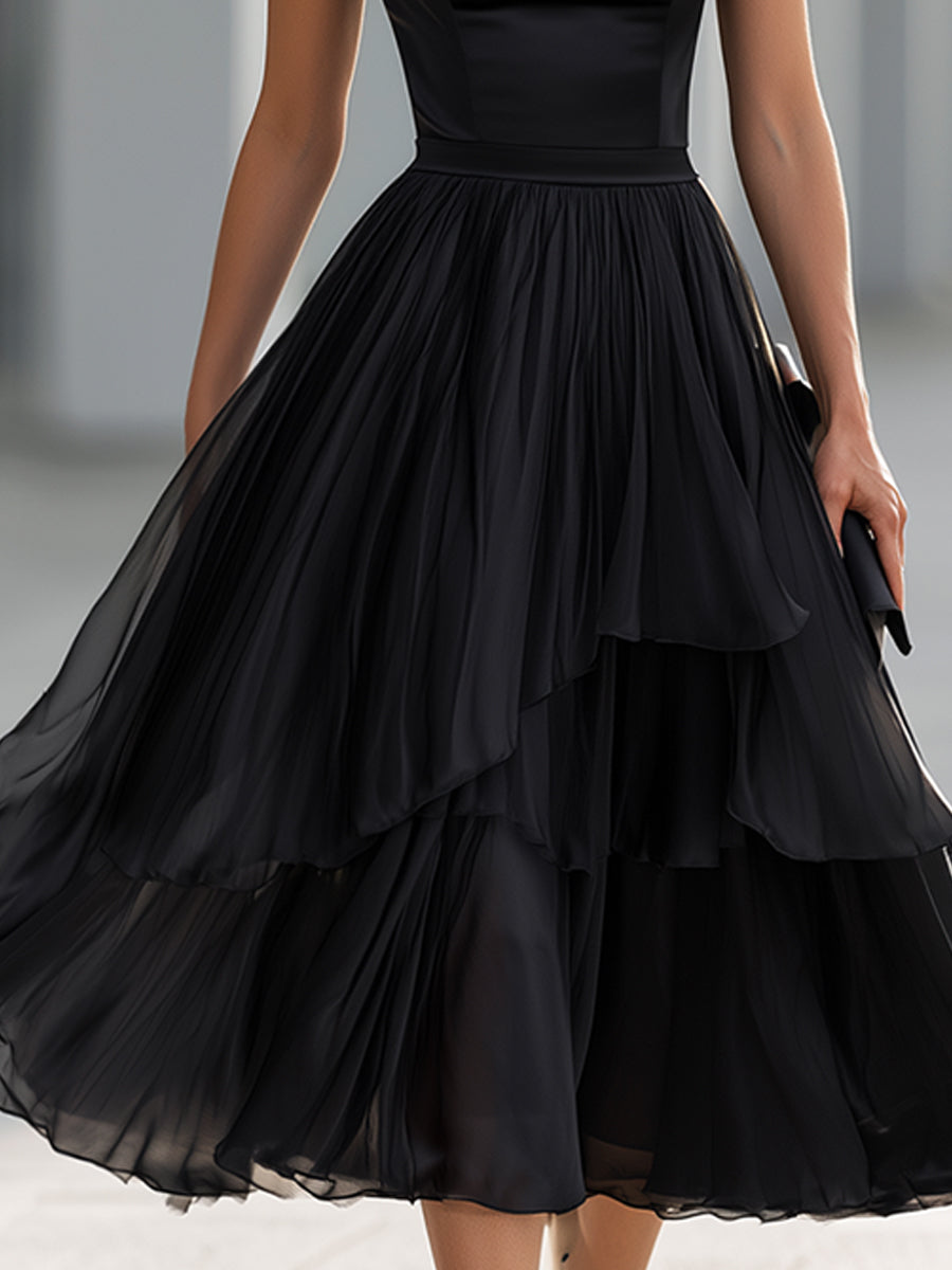 Elegant Formal Cowl Neck Satin Bodice Layered Chiffon Midi Cocktail Dress