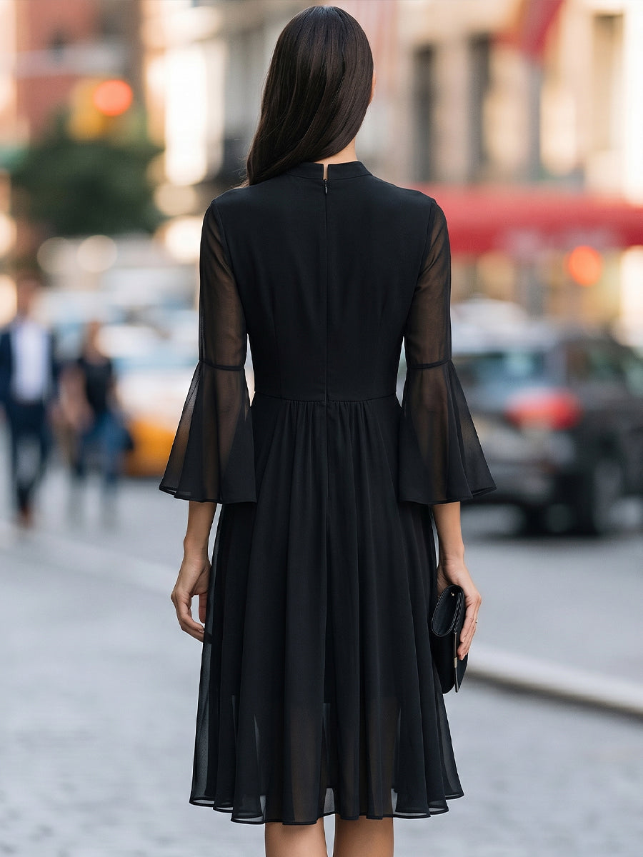 Elegant Sheer Lace Yoke Midi Dress With Flared Sleeves