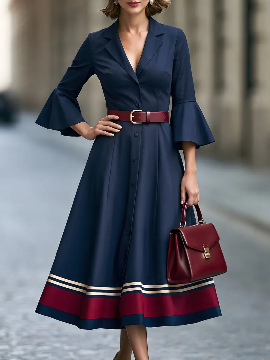 Structured Button-Front Flared Midi Dress