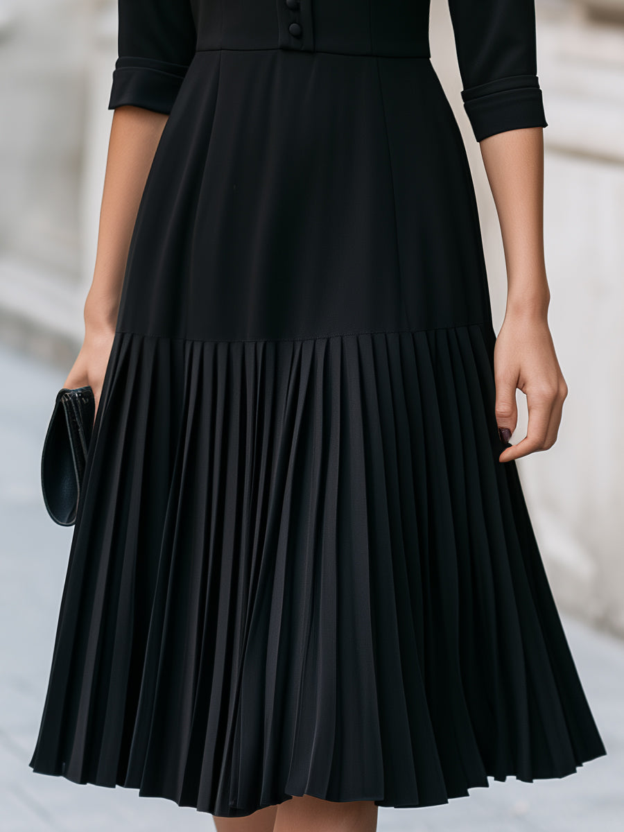 Mandarin Collar Decorative Buttons Pleated Midi Dress