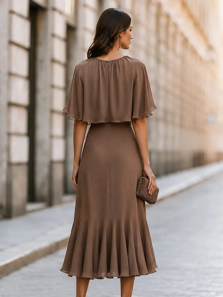 Elegant Chiffon Cape Sleeve Maxi Dress