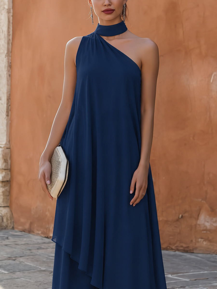 One-Shoulder Chiffon Overlay Blouse And Pants Set