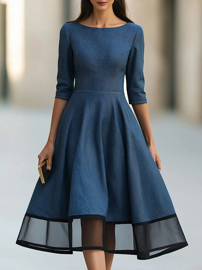Sheer Hem Bateau Neck A-Line Midi Dress
