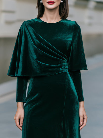 Draped Cape Sleeve Velvet Midi Dress