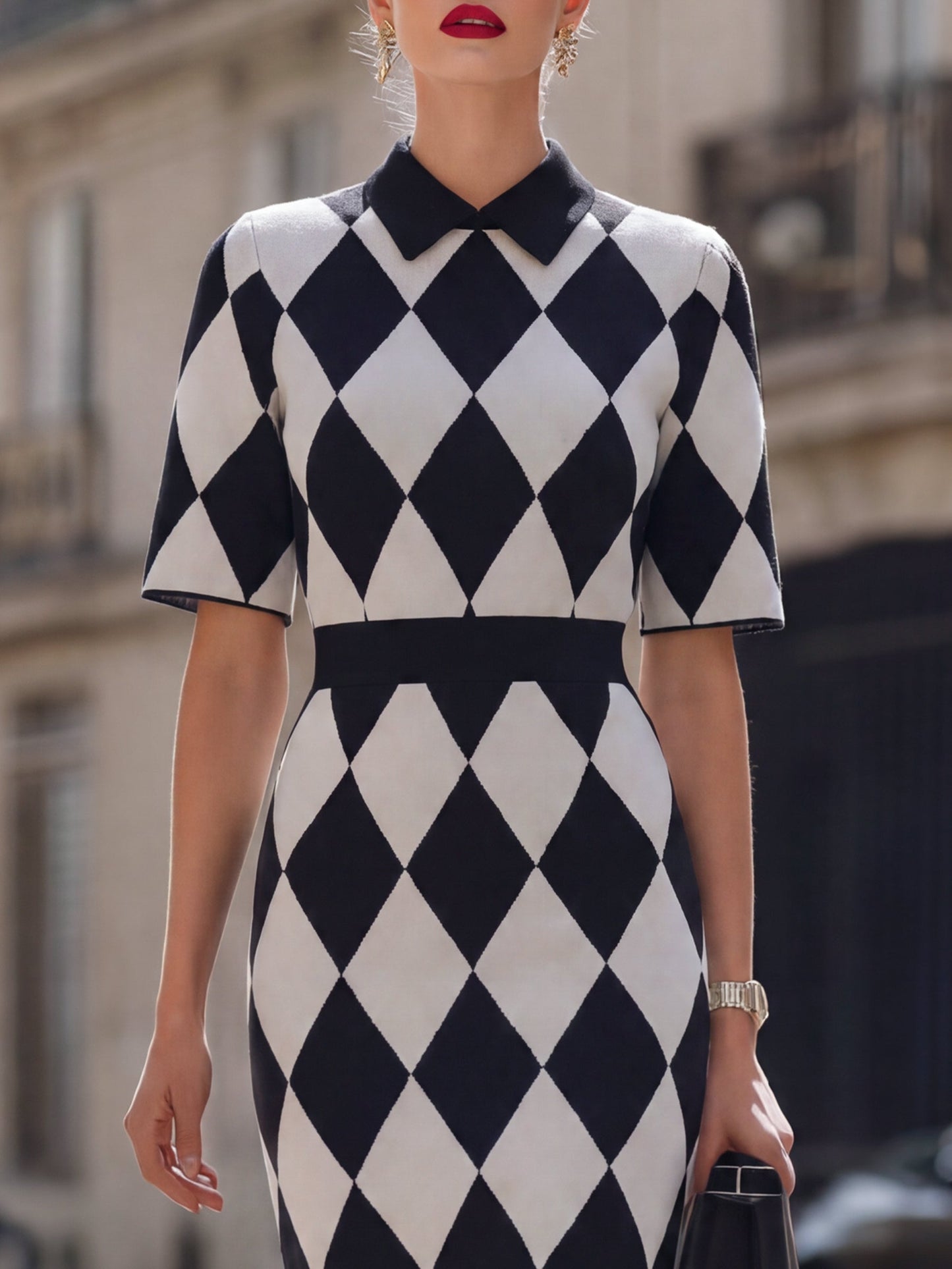 Argyle Pattern Knit Mock-Neck Midi Dress