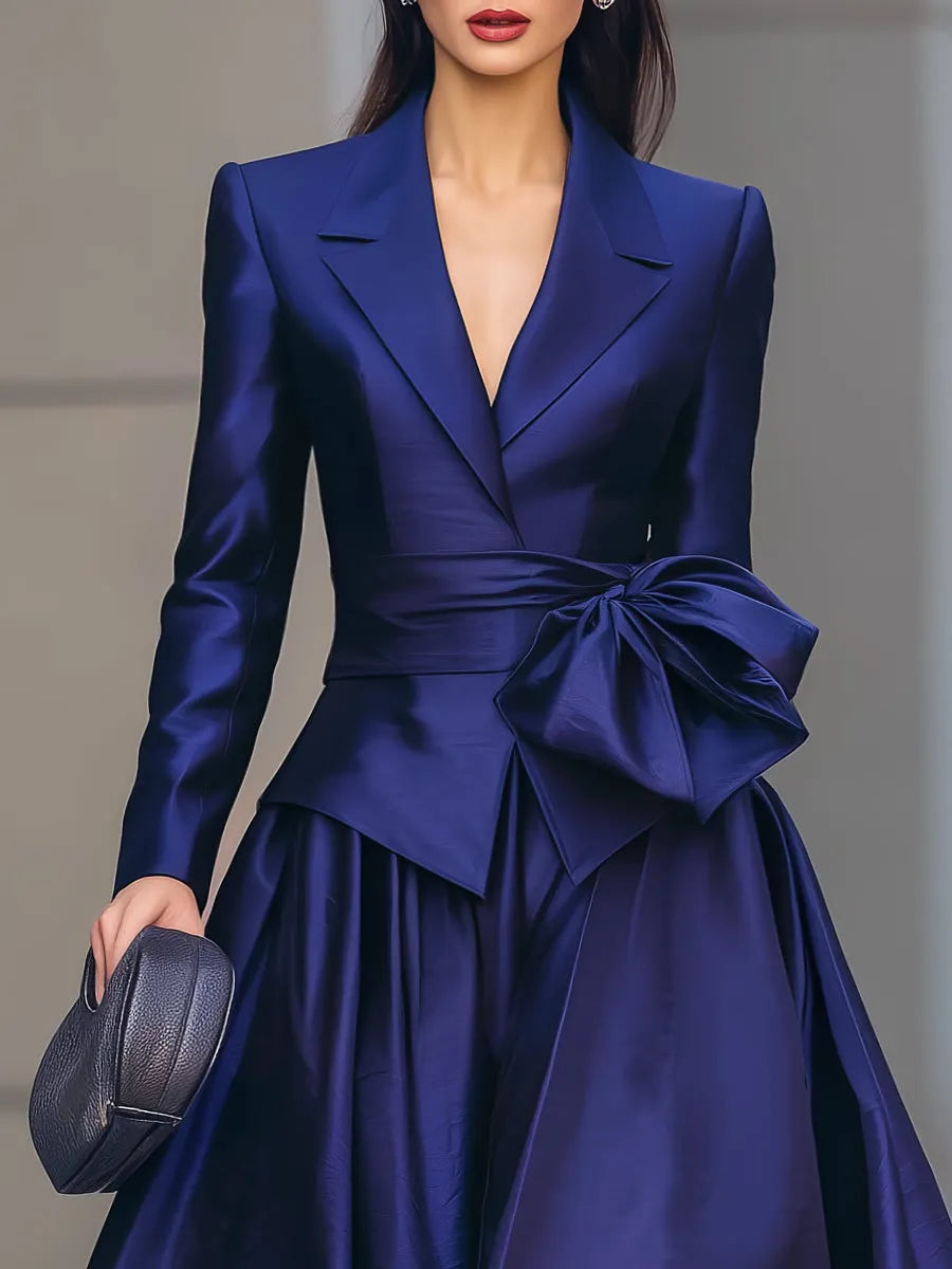 Satin Bow Tie Blazer & Maxi Skirt Two-Piece Set