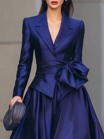 Satin Bow Tie Blazer & Maxi Skirt Two-Piece Set