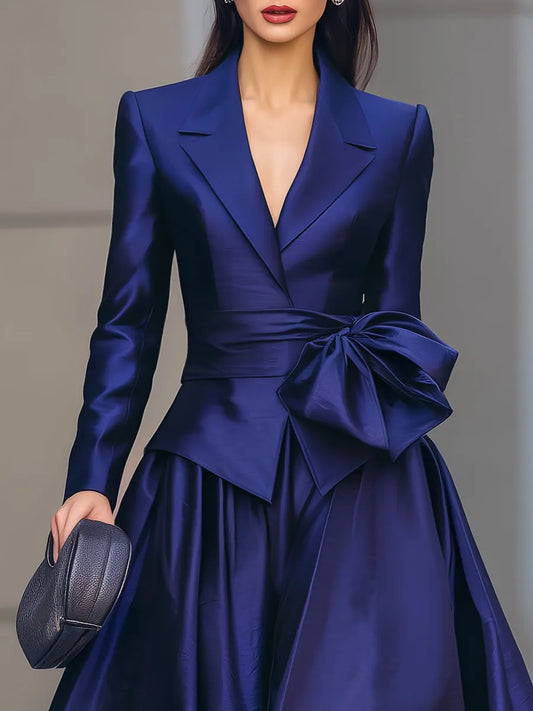 Satin Bow Tie Blazer & Maxi Skirt Two-Piece Set