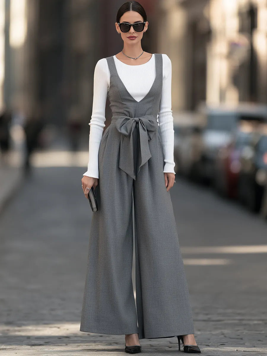 Ribbed Knit Top & Tie-Waist Wide-Leg Overall Two-Piece Set