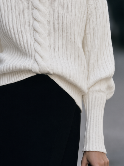Split Mock-Neck Cable-Front Ribbed Raglan Knit Sweater