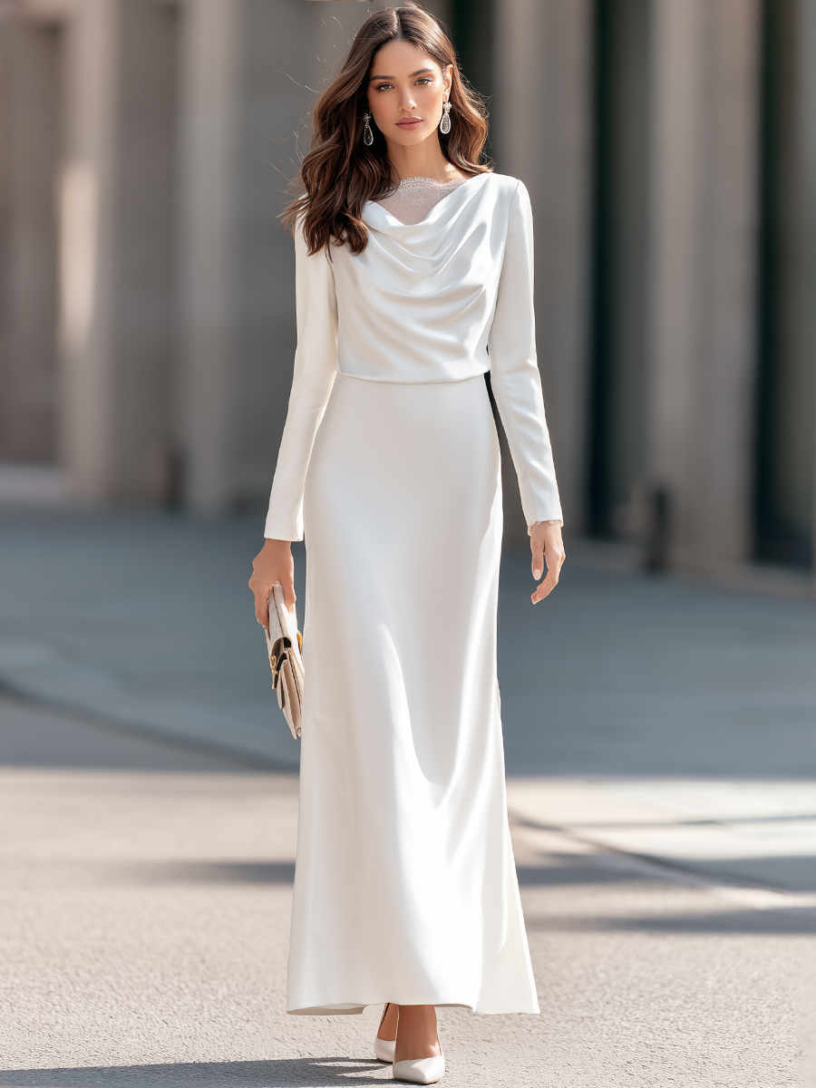 Elegant Cowl Neck Long Sleeve Maxi Dress with Lace Trim