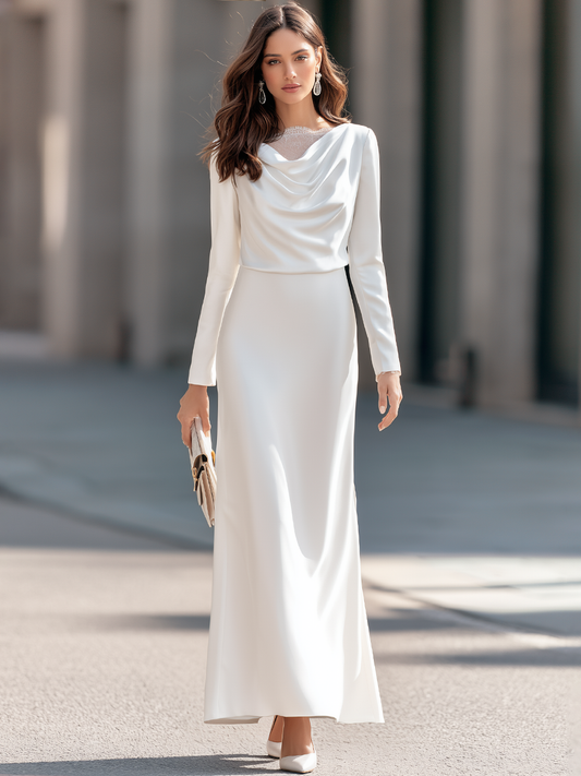 Elegant Cowl Neck Long Sleeve Maxi Dress with Lace Trim