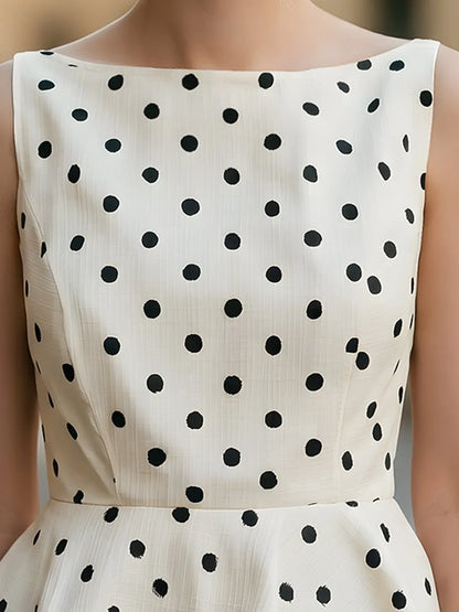 Polka Dot Sleeveless Boat Neck Peplum Top