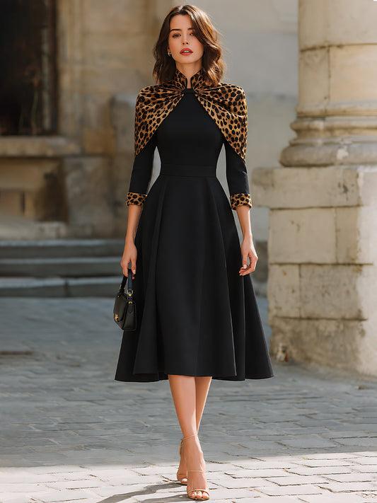Leopard-Print Cape Detail A-Line Midi Dress