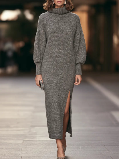 Turtleneck Balloon Sleeve Ribbed Knit Maxi Dress