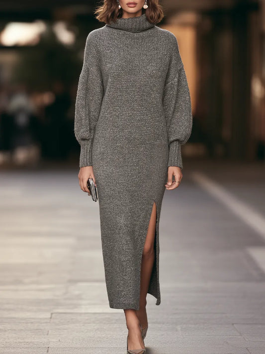 Turtleneck Balloon Sleeve Ribbed Knit Maxi Dress