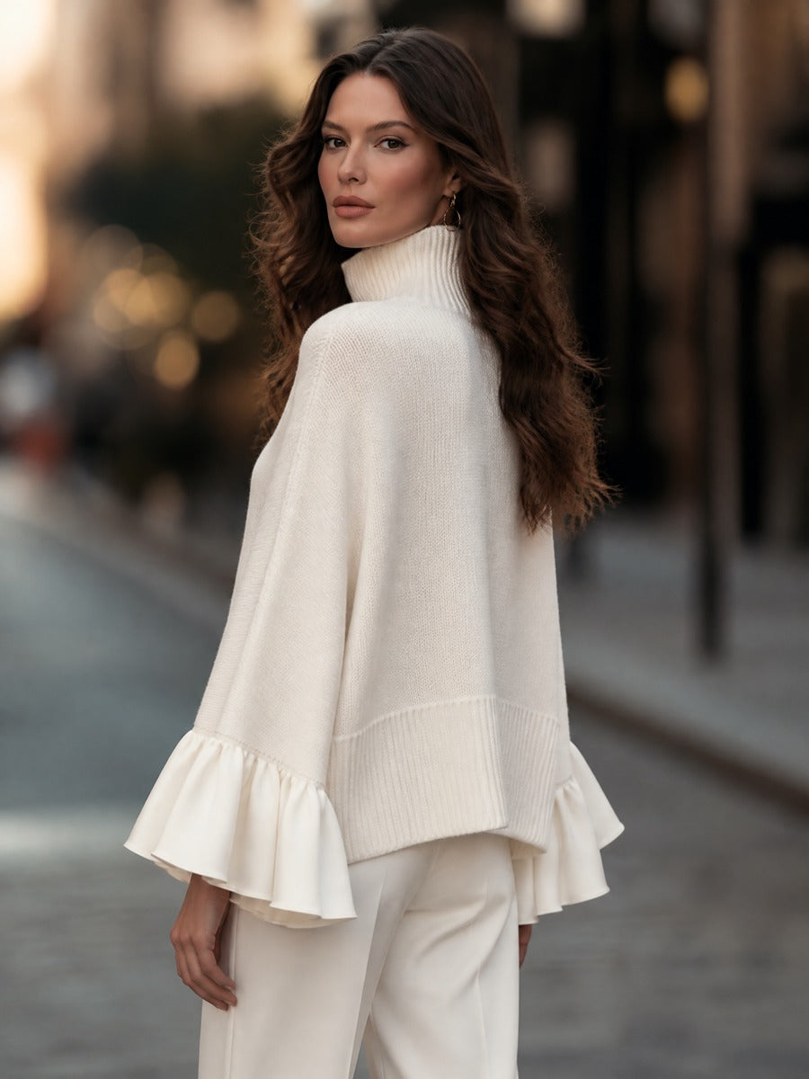 Turtleneck Satin Ruffle Cuff Oversized Cape Knit Sweater