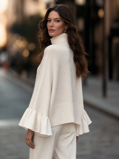 Turtleneck Satin Ruffle Cuff Oversized Cape Knit Sweater