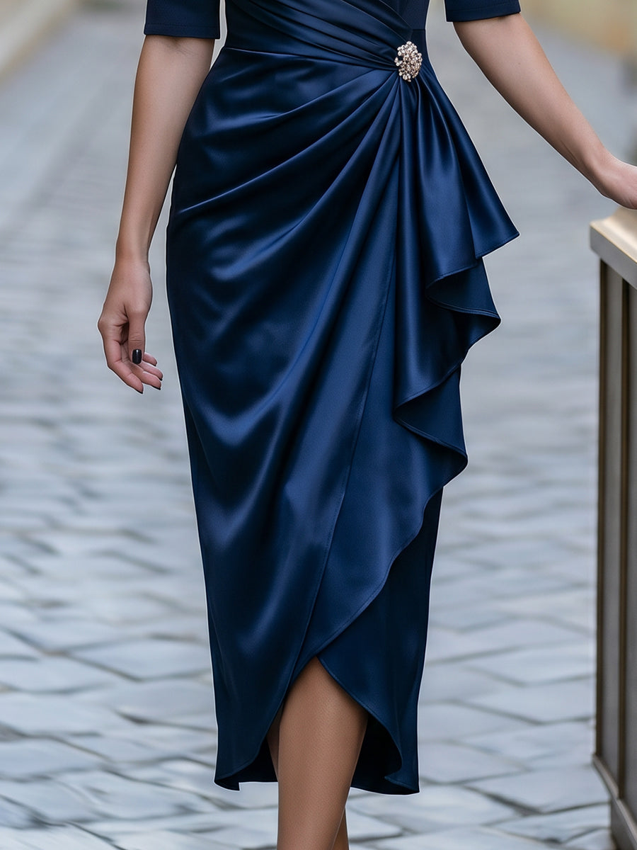 Satin Asymmetric Draped Brooch Detail Midi Dress