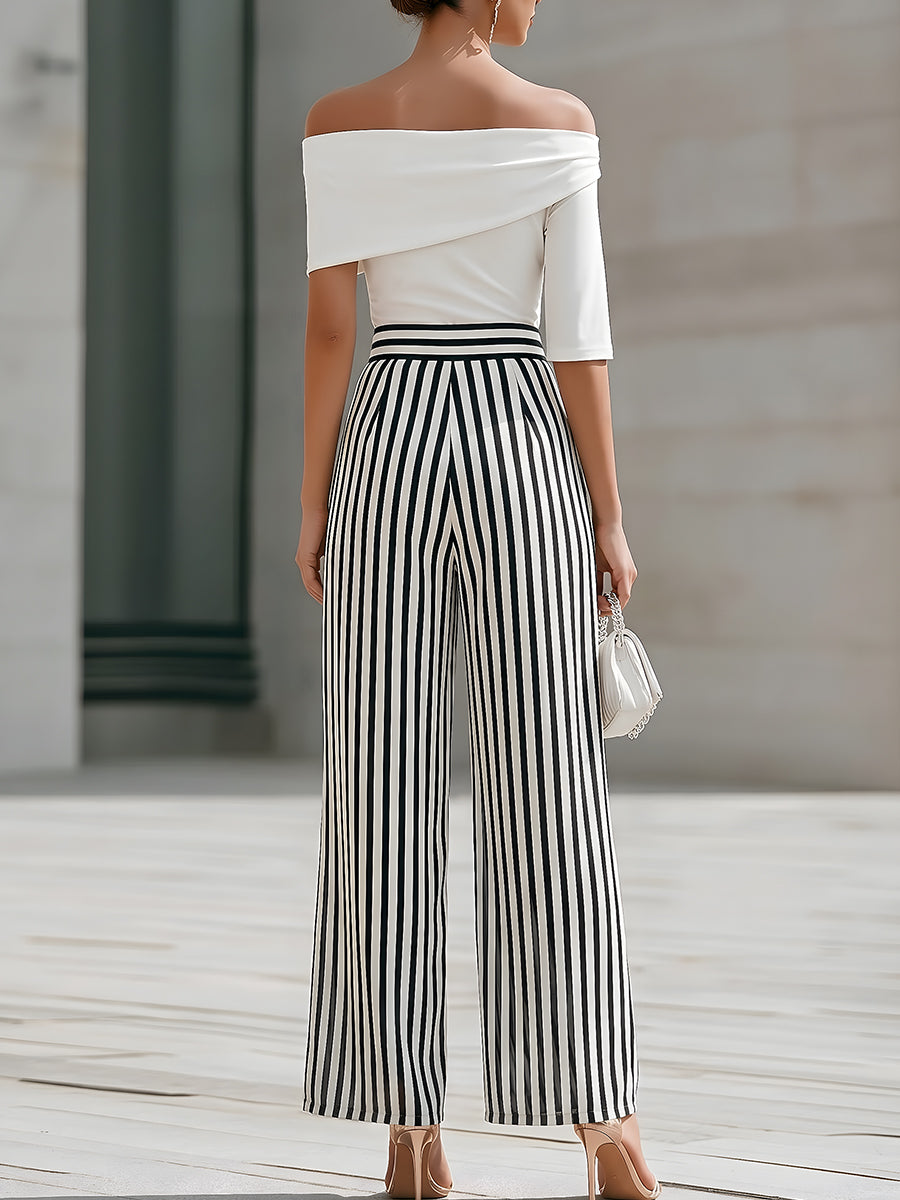 Off-Shoulder Draped Top And Striped Wide-Leg Pants Set