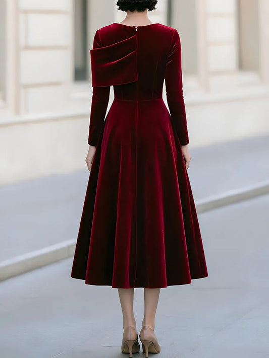Velvet Draped Off-Shoulder A-Line Midi Dress