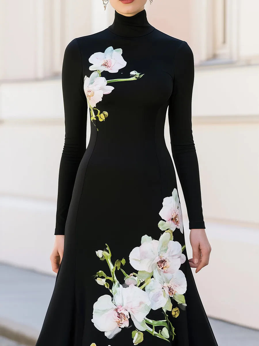 High Neck Long Sleeve Watercolor Orchid Print Flared Maxi Knit Dress
