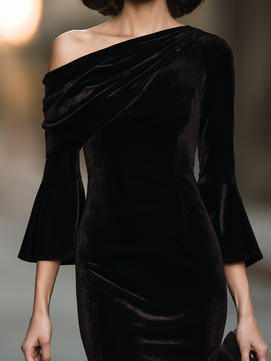 Asymmetric One-Shoulder Draped Flounce Sleeve Velvet Sheath Midi Dress