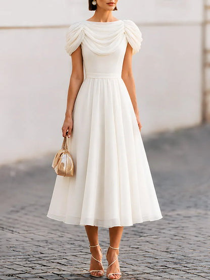 Elegant Draped Sleeve Midi Dress With Fitted Waist