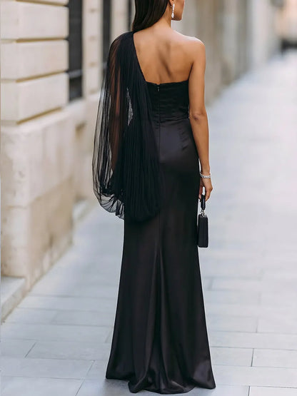 One-Shoulder Tulle Overlay Satin Mermaid Gown