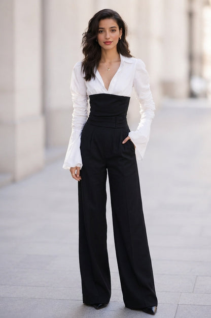 Women's Contrast V-Neck Long Sleeve High Waist Wide Leg Jumpsuit