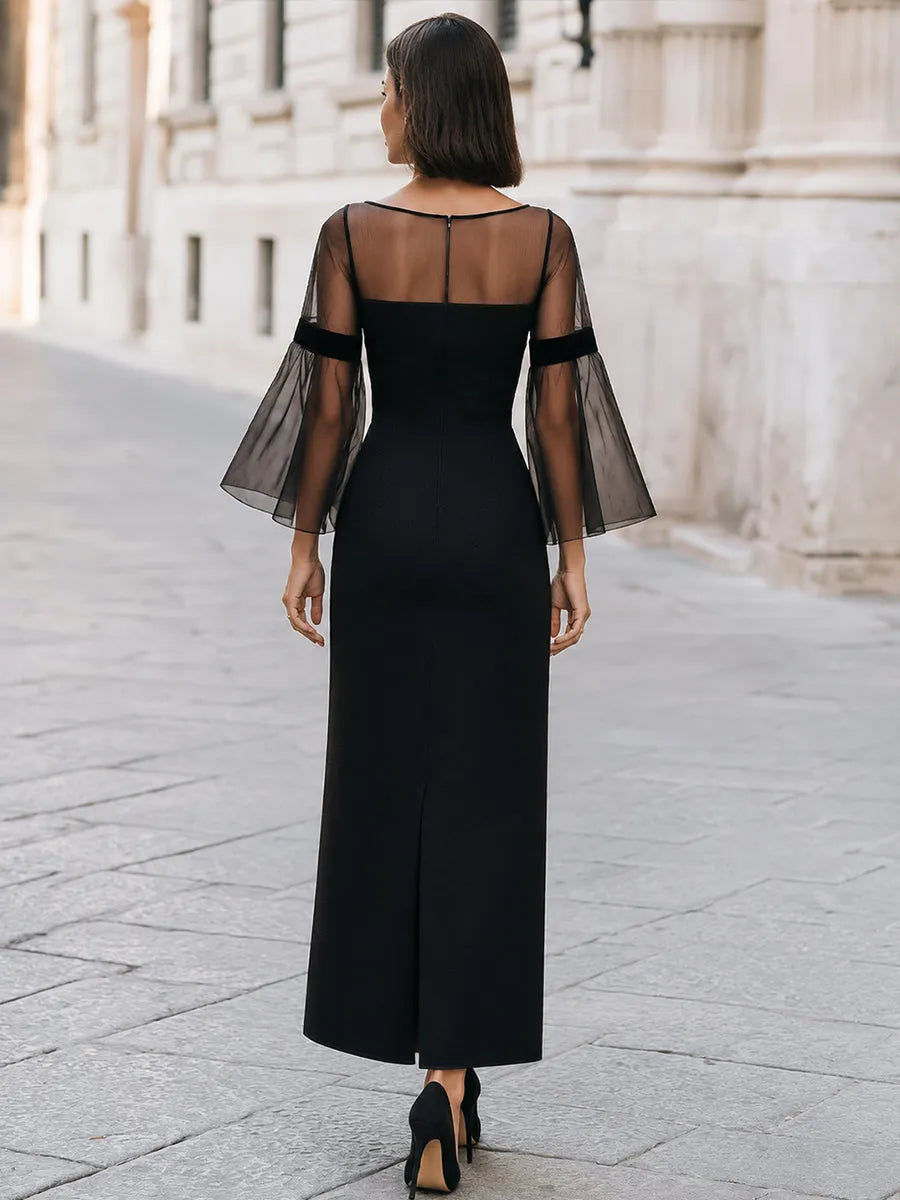 Elegant Sheer Bell Sleeve Column Maxi Dress
