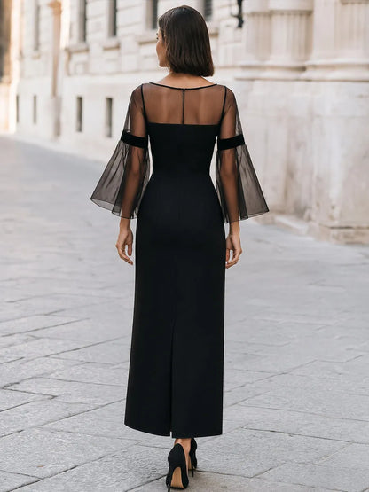 Elegant Sheer Bell Sleeve Column Maxi Dress