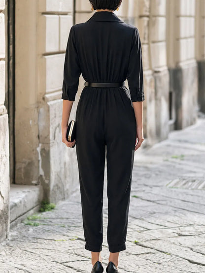 Shirt Collar Belted Draped Utility Jumpsuit