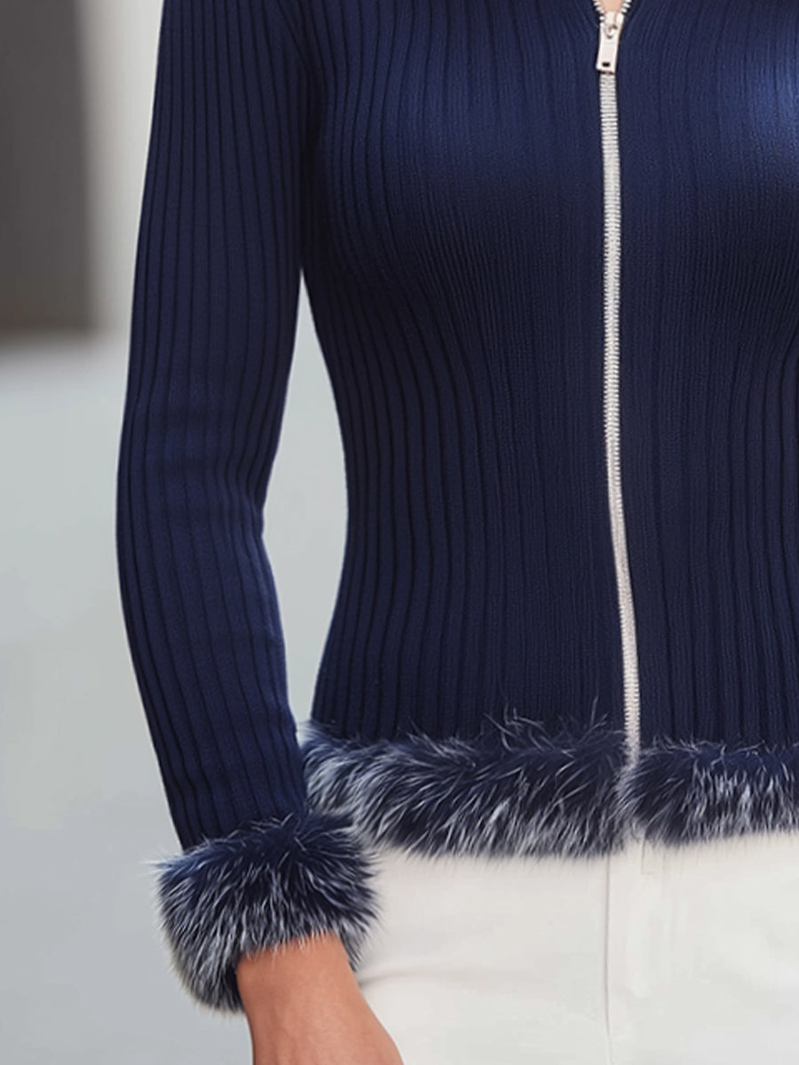 Faux Fur-Trimmed Two-Way Zip Ribbed Knit Cardigan