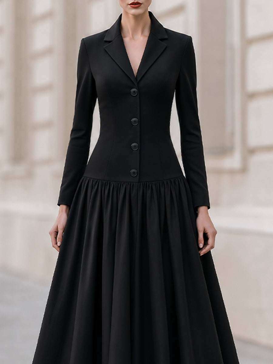 Tailored Notched Lapel Gathered Midi Blazer Dress