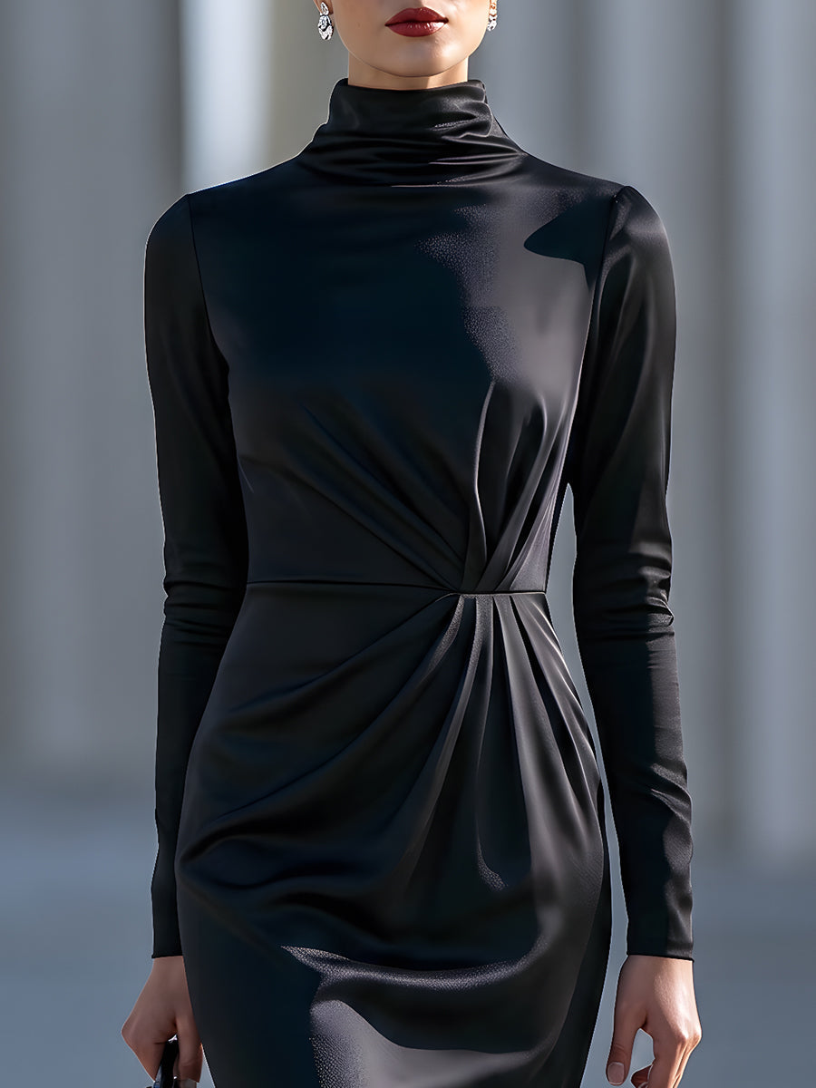 Draped High-Neck Long-Sleeve Midi Dress