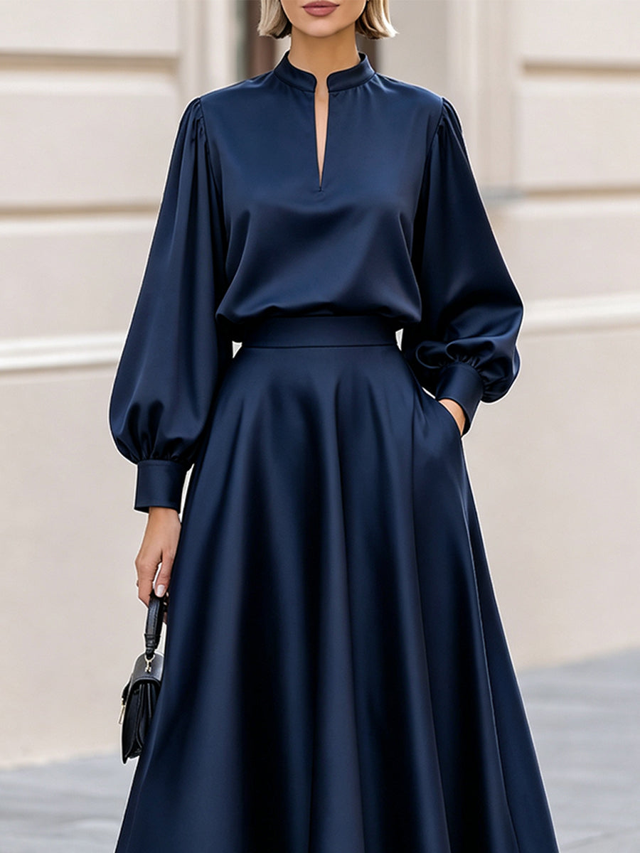 Stand Collar Keyhole Top & High Waist Midi Skirt Two-Piece Co-Ord Set