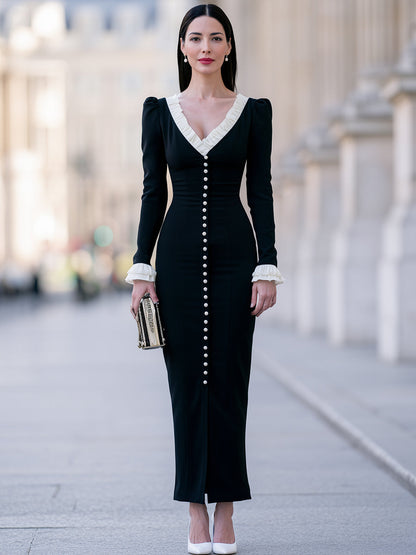 Ruffled V-Neck Pearl-Button Maxi Dress