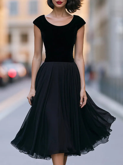 Velvet Bodice Flowing A-Line Midi Dress