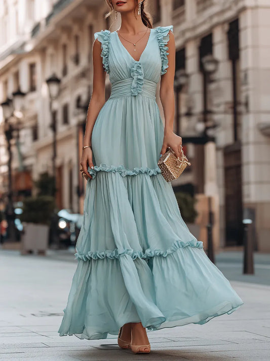 Ruffled V-Neck Sleeveless Tiered Maxi Dress With Flowing Silhouette