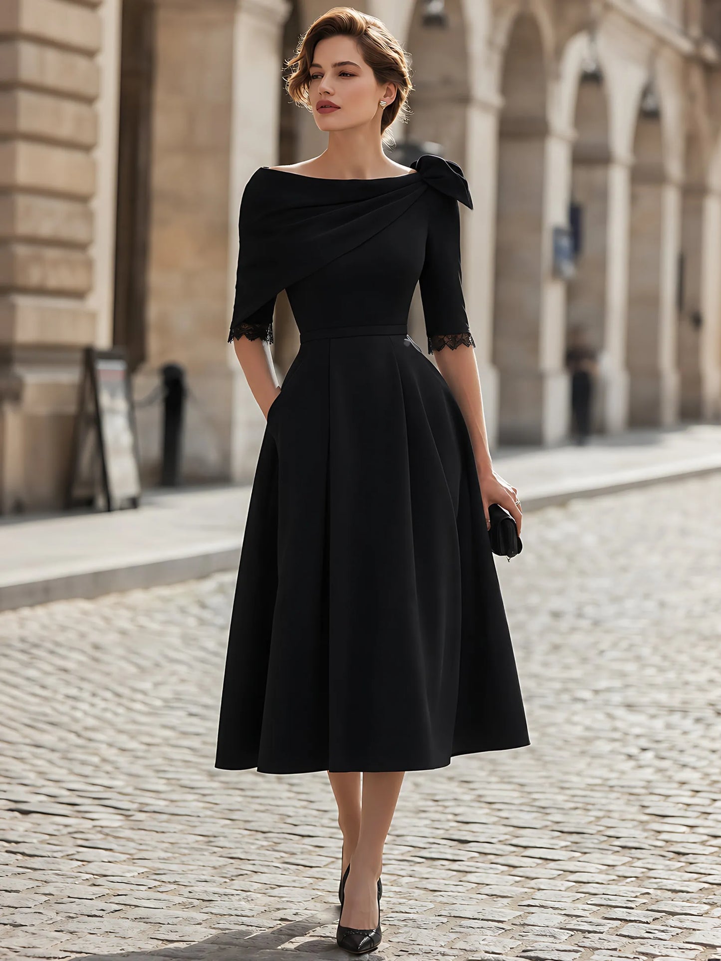 Lace-Cuff Draped-Collar Midi Dress