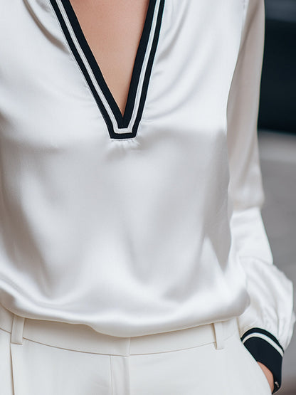 Contrast Trim V-Neck Satin Blouse
