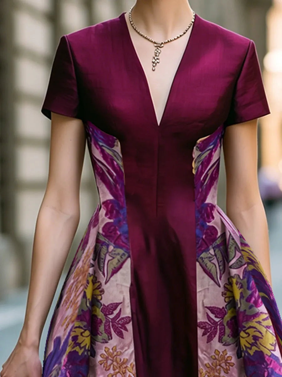Floral Jacquard Panel V-Neck A-Line Midi Dress