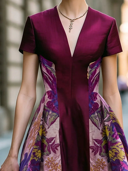 Floral Jacquard Panel V-Neck A-Line Midi Dress
