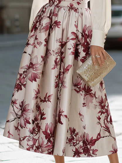 Collared Button-Front Blouse And Floral Full Midi Skirt Set